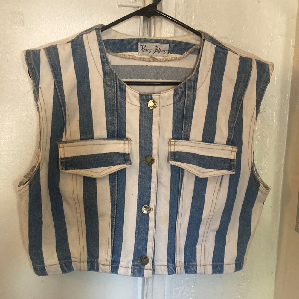 Vintage Paris Blues Denim Cropped Vest Button Up Top Stripped Sleeveless